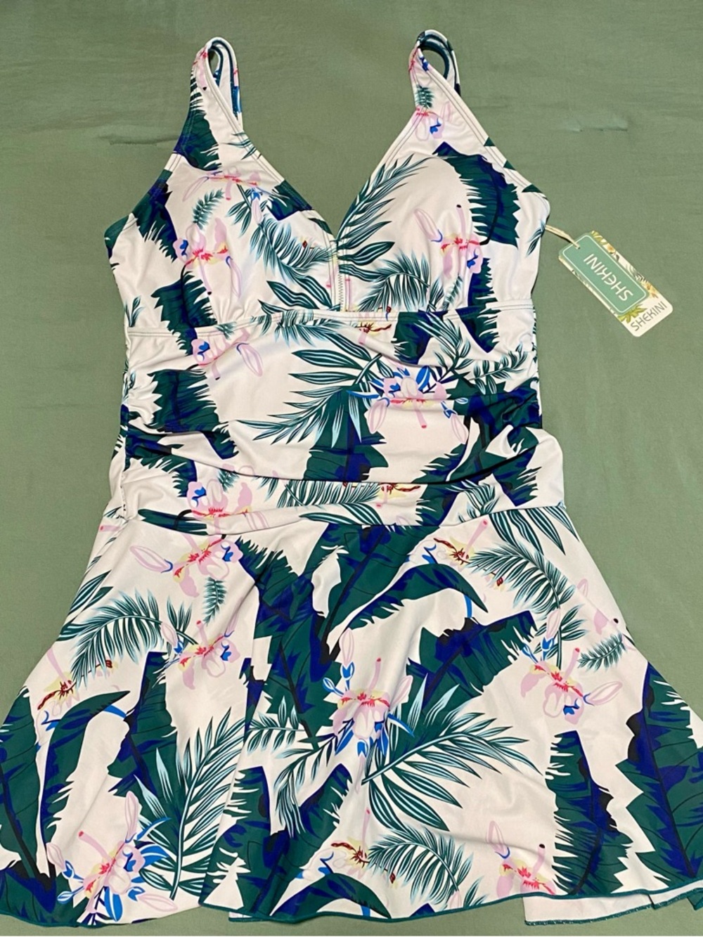 Floral Leaf Print Swim Skirt - White with Green & Navy